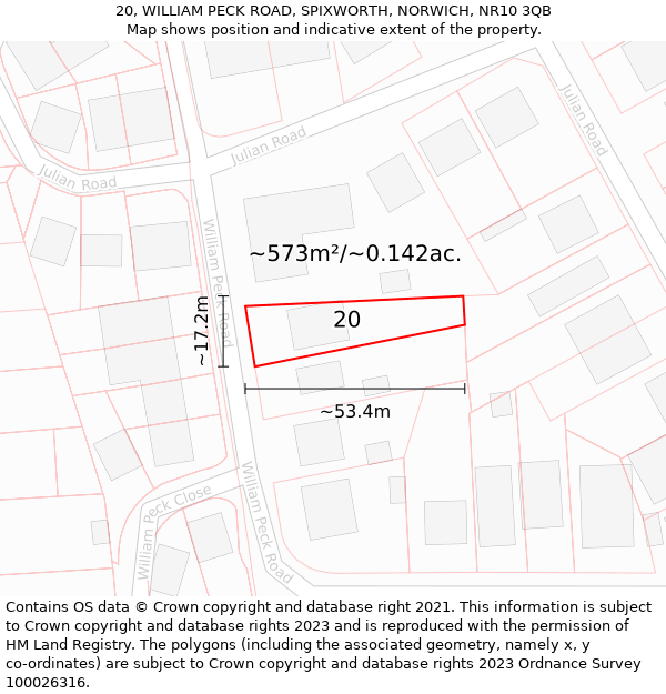 20, WILLIAM PECK ROAD, SPIXWORTH, NORWICH, NR10 3QB: Plot and title map