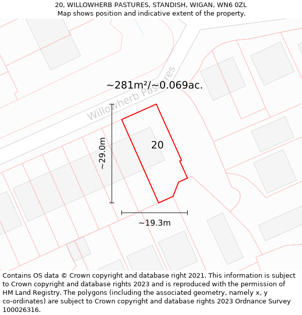 20, WILLOWHERB PASTURES, STANDISH, WIGAN, WN6 0ZL: Plot and title map