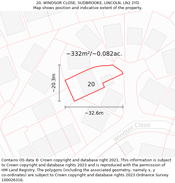 20, WINDSOR CLOSE, SUDBROOKE, LINCOLN, LN2 2YD: Plot and title map