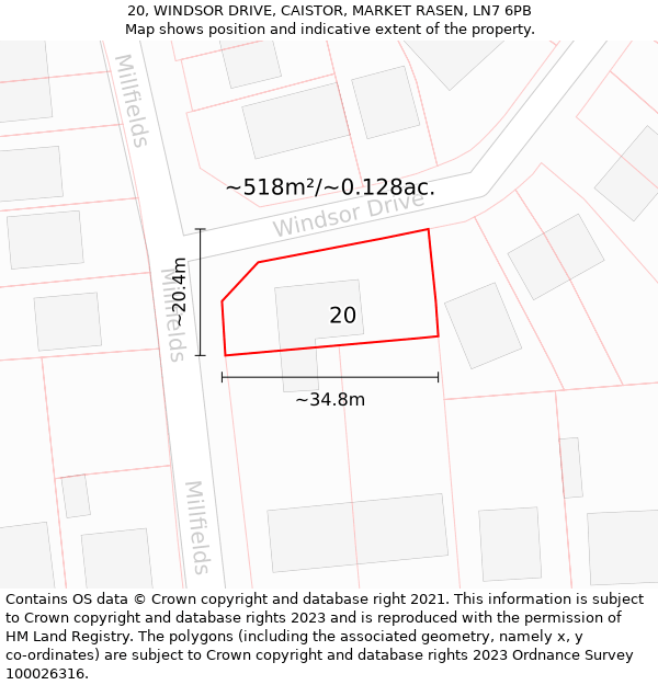 20, WINDSOR DRIVE, CAISTOR, MARKET RASEN, LN7 6PB: Plot and title map