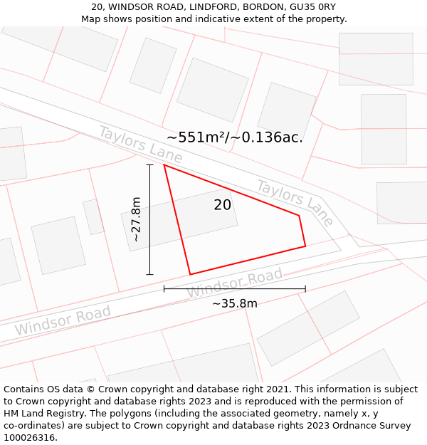 20, WINDSOR ROAD, LINDFORD, BORDON, GU35 0RY: Plot and title map