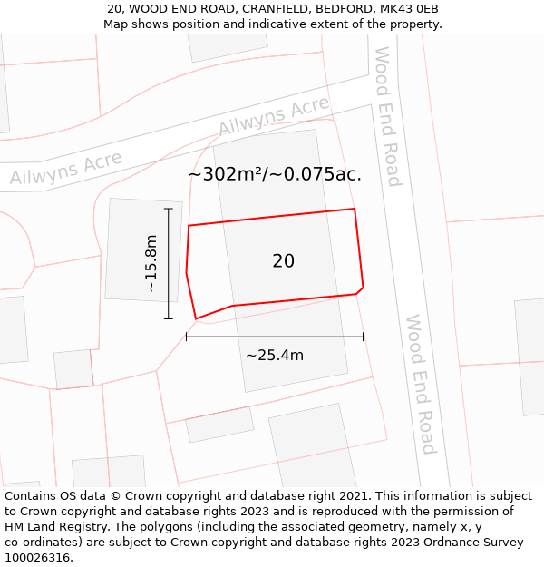 20, WOOD END ROAD, CRANFIELD, BEDFORD, MK43 0EB: Plot and title map