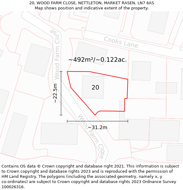 20, WOOD FARM CLOSE, NETTLETON, MARKET RASEN, LN7 6AS: Plot and title map