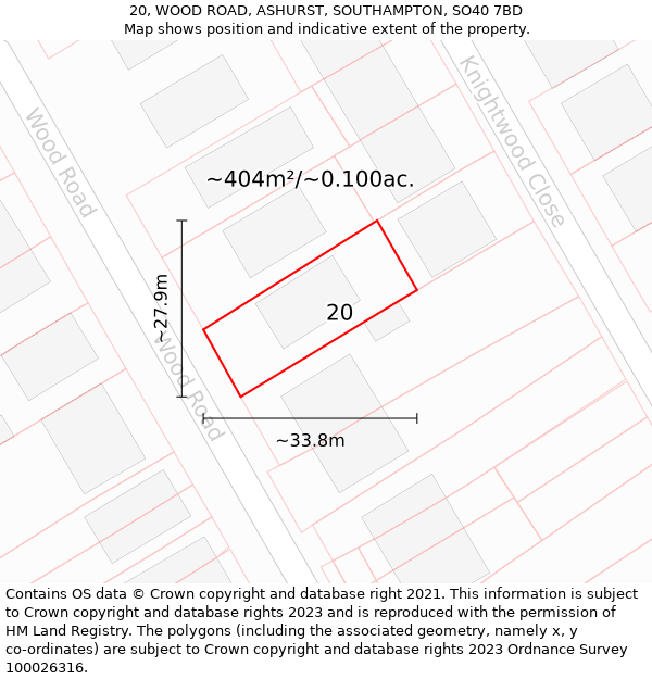 20, WOOD ROAD, ASHURST, SOUTHAMPTON, SO40 7BD: Plot and title map