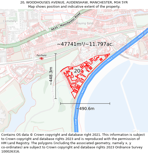 20, WOODHOUSES AVENUE, AUDENSHAW, MANCHESTER, M34 5YR: Plot and title map