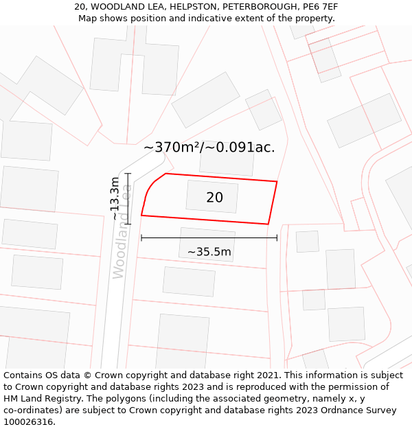 20, WOODLAND LEA, HELPSTON, PETERBOROUGH, PE6 7EF: Plot and title map