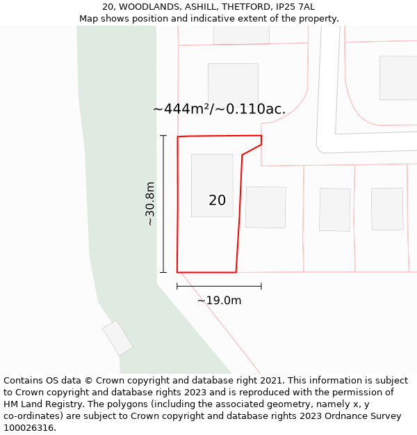 20, WOODLANDS, ASHILL, THETFORD, IP25 7AL: Plot and title map