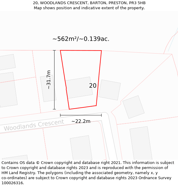 20, WOODLANDS CRESCENT, BARTON, PRESTON, PR3 5HB: Plot and title map