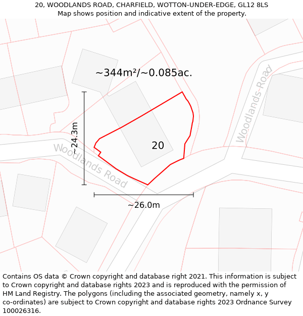 20, WOODLANDS ROAD, CHARFIELD, WOTTON-UNDER-EDGE, GL12 8LS: Plot and title map