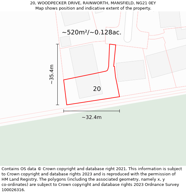 20, WOODPECKER DRIVE, RAINWORTH, MANSFIELD, NG21 0EY: Plot and title map