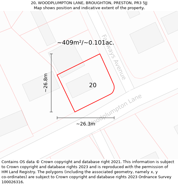 20, WOODPLUMPTON LANE, BROUGHTON, PRESTON, PR3 5JJ: Plot and title map