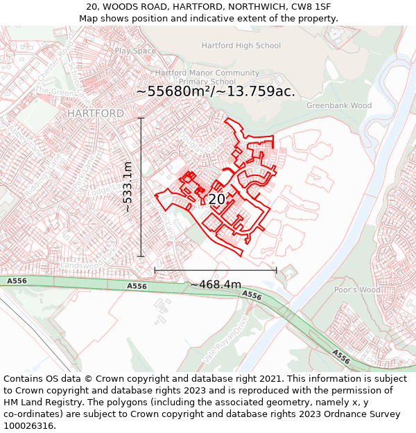 20, WOODS ROAD, HARTFORD, NORTHWICH, CW8 1SF: Plot and title map