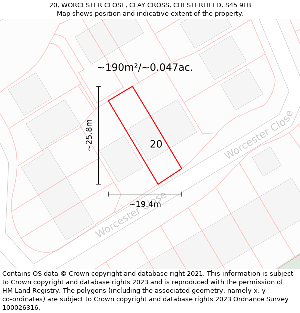 20, WORCESTER CLOSE, CLAY CROSS, CHESTERFIELD, S45 9FB: Plot and title map