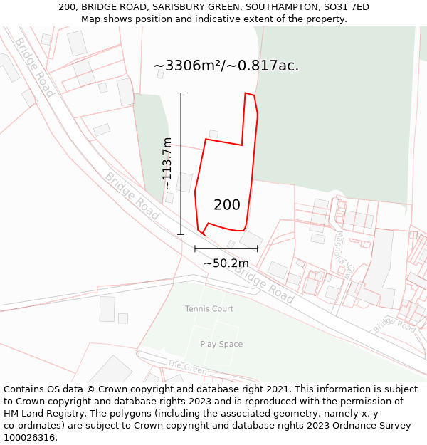 200, BRIDGE ROAD, SARISBURY GREEN, SOUTHAMPTON, SO31 7ED: Plot and title map