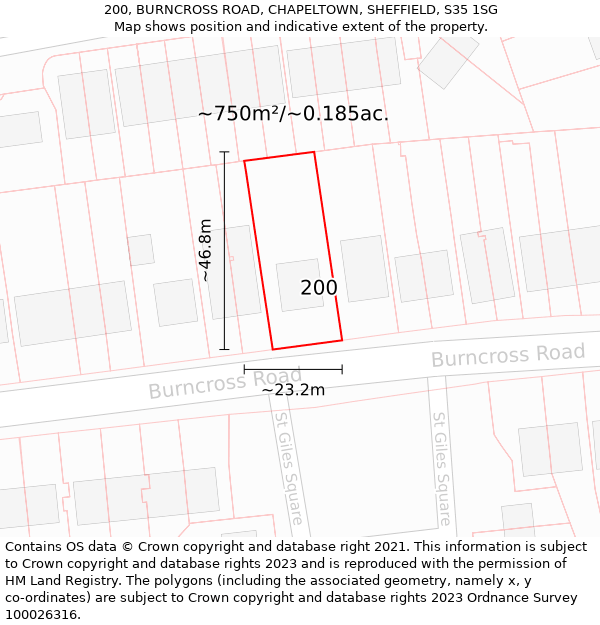 200, BURNCROSS ROAD, CHAPELTOWN, SHEFFIELD, S35 1SG: Plot and title map