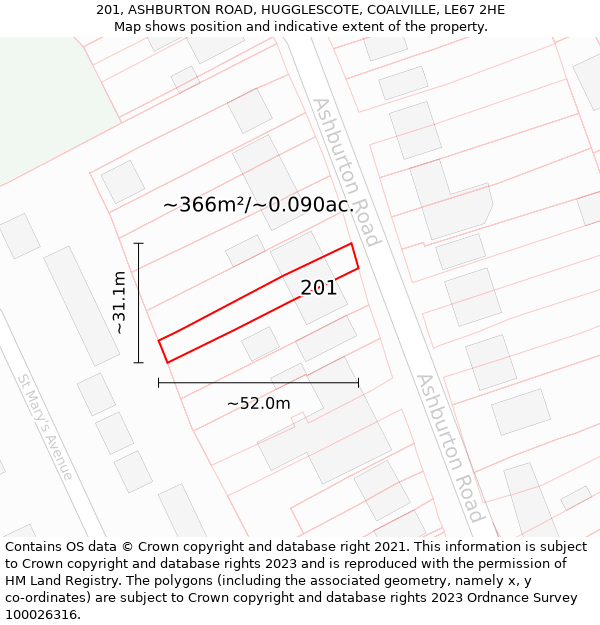 201, ASHBURTON ROAD, HUGGLESCOTE, COALVILLE, LE67 2HE: Plot and title map