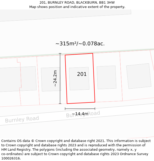 201, BURNLEY ROAD, BLACKBURN, BB1 3HW: Plot and title map