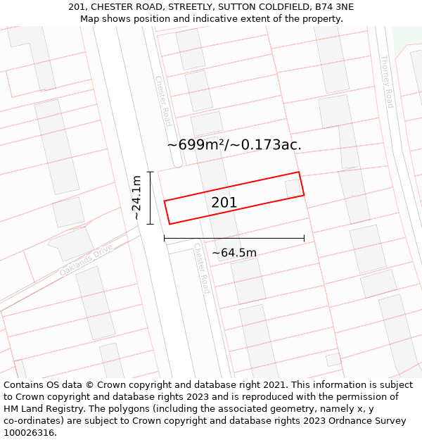 201, CHESTER ROAD, STREETLY, SUTTON COLDFIELD, B74 3NE: Plot and title map