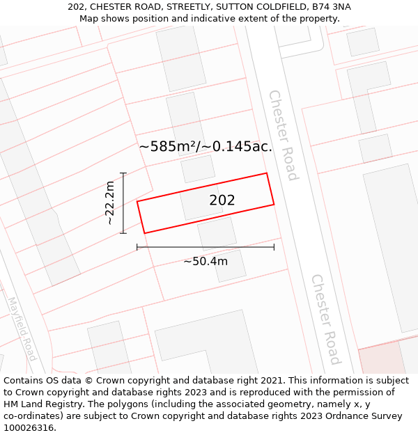 202, CHESTER ROAD, STREETLY, SUTTON COLDFIELD, B74 3NA: Plot and title map