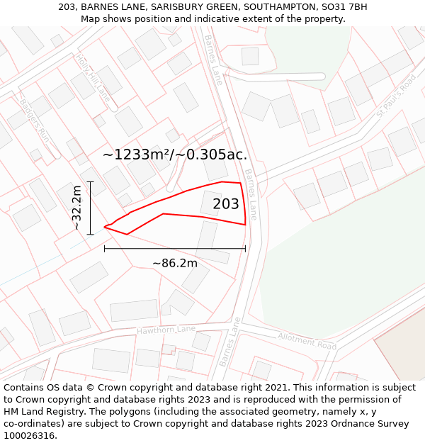 203, BARNES LANE, SARISBURY GREEN, SOUTHAMPTON, SO31 7BH: Plot and title map