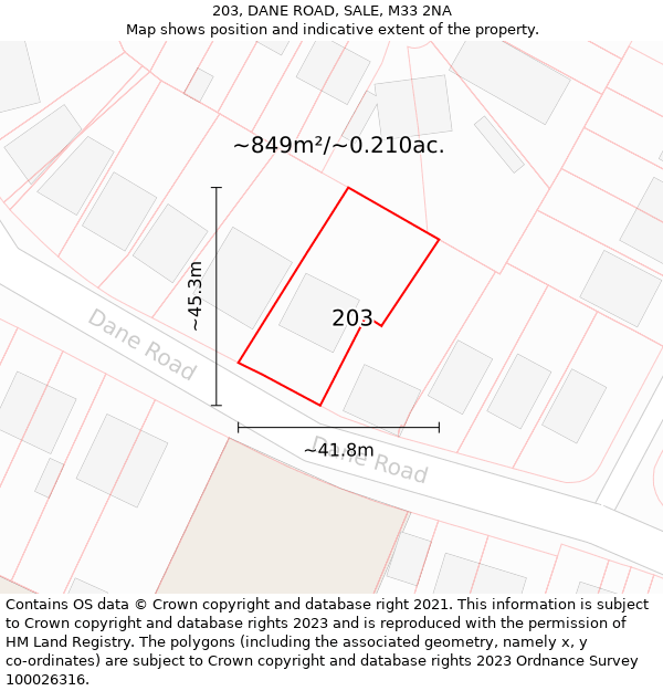 203, DANE ROAD, SALE, M33 2NA: Plot and title map