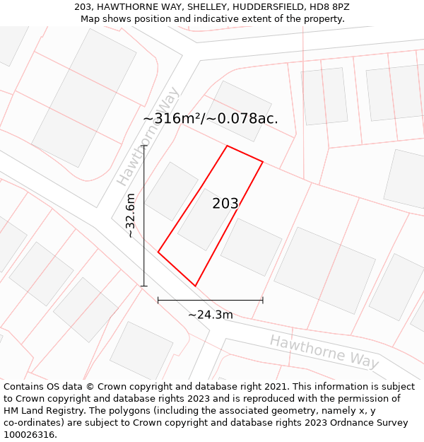 203, HAWTHORNE WAY, SHELLEY, HUDDERSFIELD, HD8 8PZ: Plot and title map