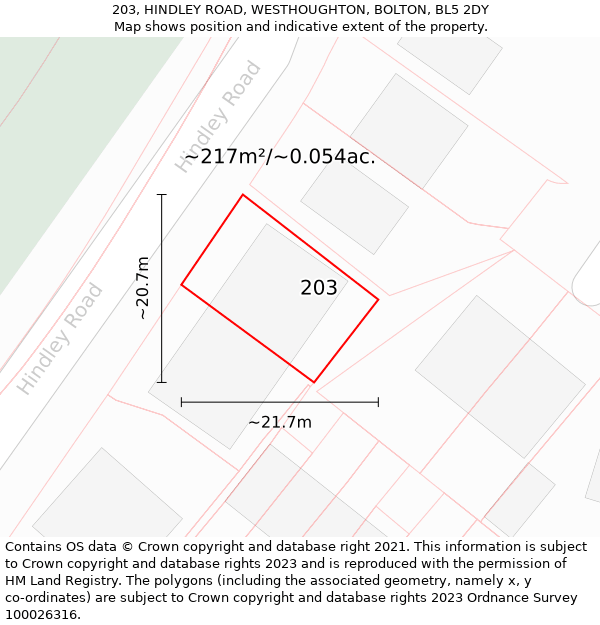 203, HINDLEY ROAD, WESTHOUGHTON, BOLTON, BL5 2DY: Plot and title map