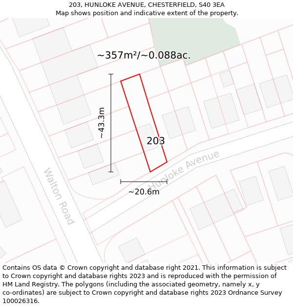 203, HUNLOKE AVENUE, CHESTERFIELD, S40 3EA: Plot and title map