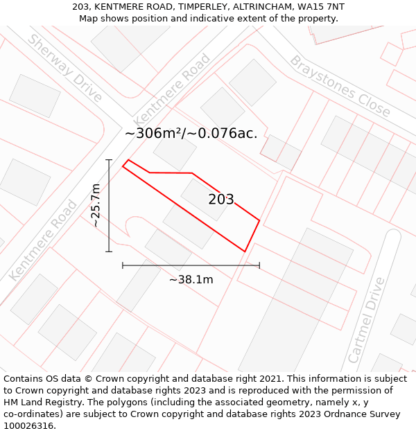 203, KENTMERE ROAD, TIMPERLEY, ALTRINCHAM, WA15 7NT: Plot and title map