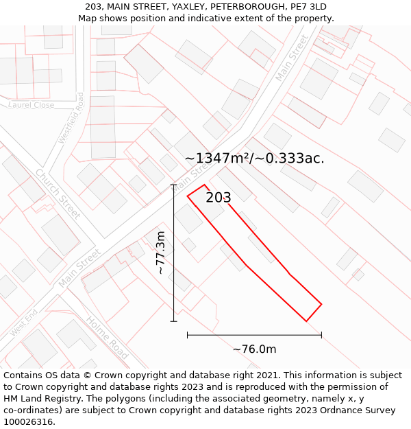 203, MAIN STREET, YAXLEY, PETERBOROUGH, PE7 3LD: Plot and title map
