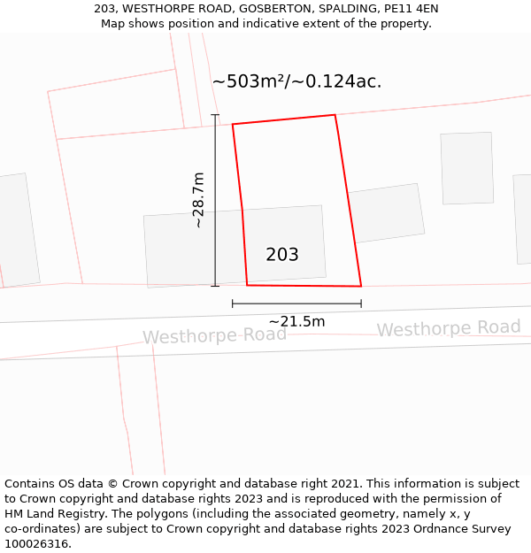 203, WESTHORPE ROAD, GOSBERTON, SPALDING, PE11 4EN: Plot and title map