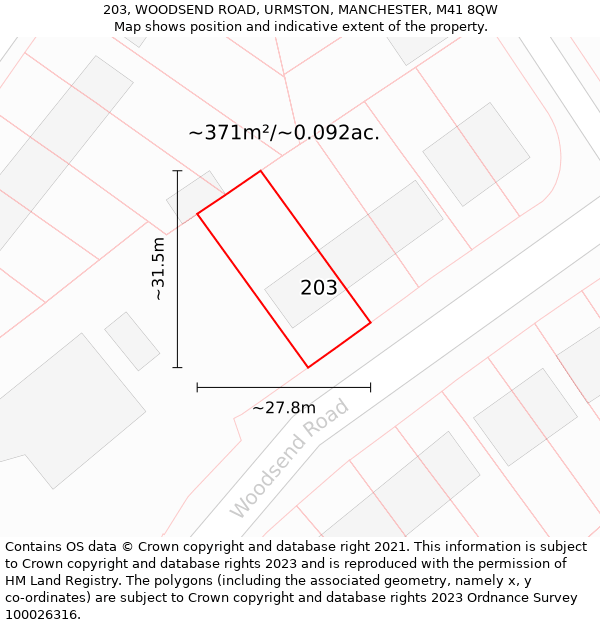 203, WOODSEND ROAD, URMSTON, MANCHESTER, M41 8QW: Plot and title map