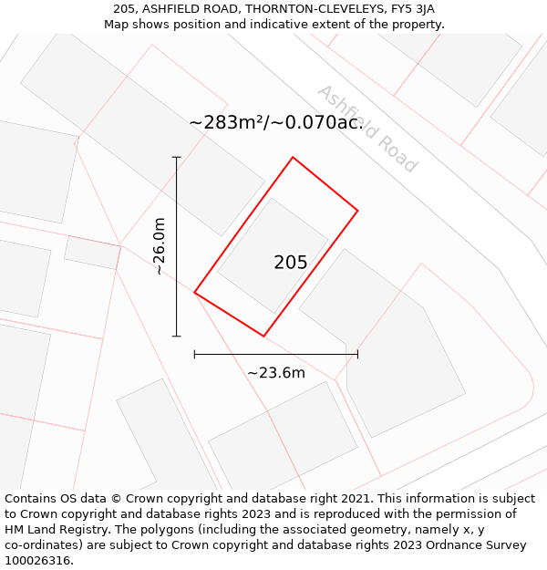 205, ASHFIELD ROAD, THORNTON-CLEVELEYS, FY5 3JA: Plot and title map