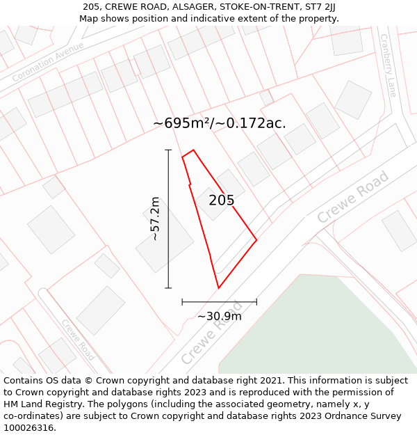 205, CREWE ROAD, ALSAGER, STOKE-ON-TRENT, ST7 2JJ: Plot and title map