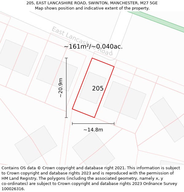 205, EAST LANCASHIRE ROAD, SWINTON, MANCHESTER, M27 5GE: Plot and title map