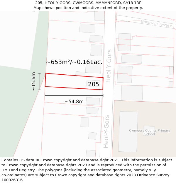 205, HEOL Y GORS, CWMGORS, AMMANFORD, SA18 1RF: Plot and title map