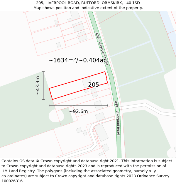 205, LIVERPOOL ROAD, RUFFORD, ORMSKIRK, L40 1SD: Plot and title map