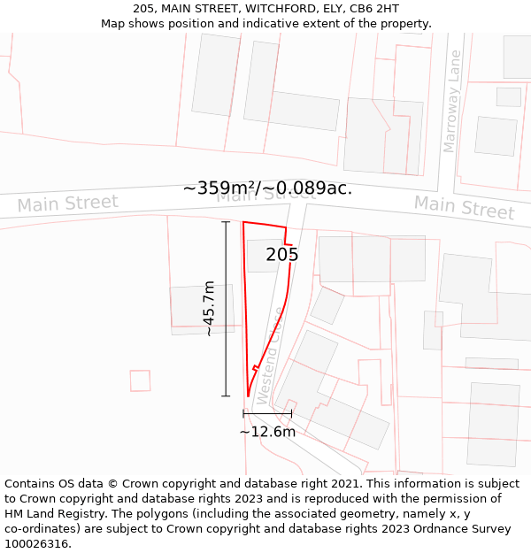 205, MAIN STREET, WITCHFORD, ELY, CB6 2HT: Plot and title map