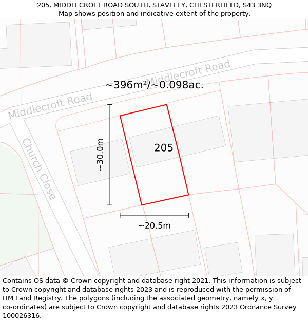 205, MIDDLECROFT ROAD SOUTH, STAVELEY, CHESTERFIELD, S43 3NQ: Plot and title map