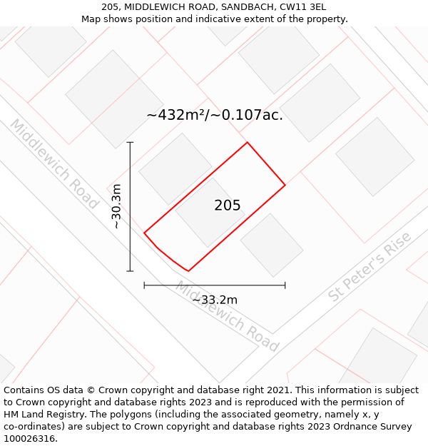 205, MIDDLEWICH ROAD, SANDBACH, CW11 3EL: Plot and title map