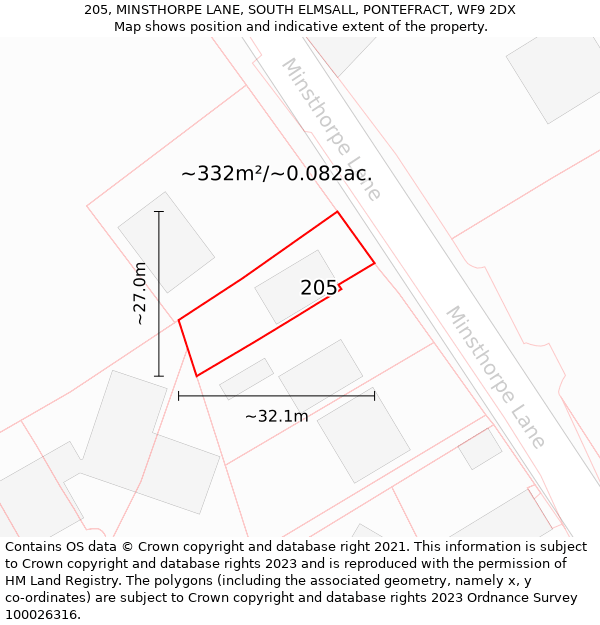 205, MINSTHORPE LANE, SOUTH ELMSALL, PONTEFRACT, WF9 2DX: Plot and title map