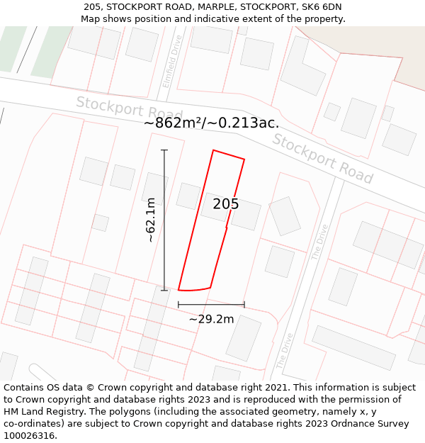 205, STOCKPORT ROAD, MARPLE, STOCKPORT, SK6 6DN: Plot and title map