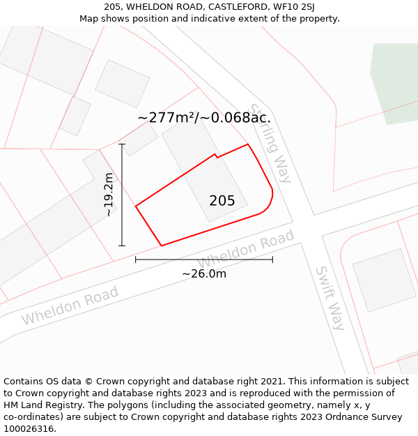 205, WHELDON ROAD, CASTLEFORD, WF10 2SJ: Plot and title map