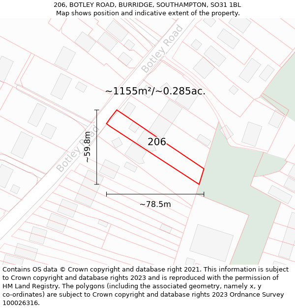 206, BOTLEY ROAD, BURRIDGE, SOUTHAMPTON, SO31 1BL: Plot and title map