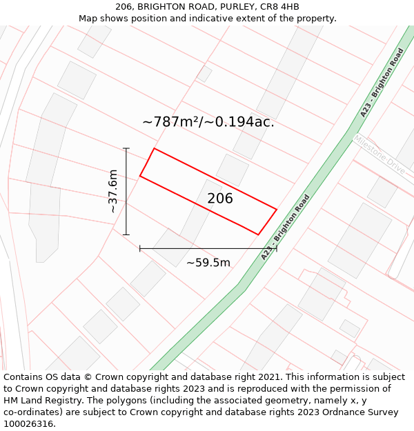 206, BRIGHTON ROAD, PURLEY, CR8 4HB: Plot and title map