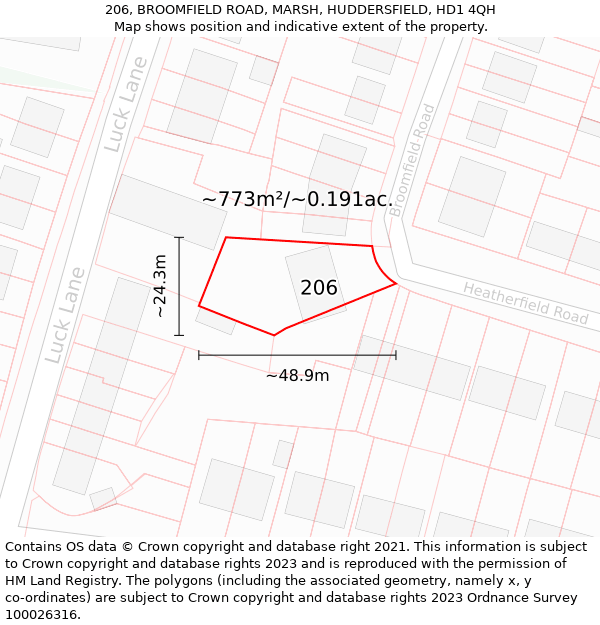 206, BROOMFIELD ROAD, MARSH, HUDDERSFIELD, HD1 4QH: Plot and title map