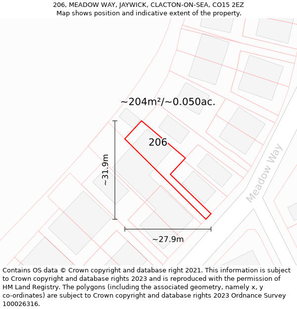 206, MEADOW WAY, JAYWICK, CLACTON-ON-SEA, CO15 2EZ: Plot and title map