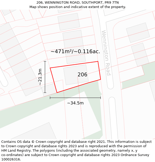 206, WENNINGTON ROAD, SOUTHPORT, PR9 7TN: Plot and title map