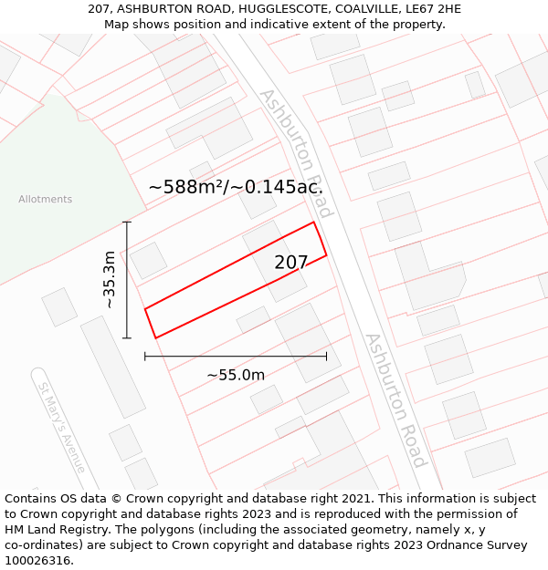 207, ASHBURTON ROAD, HUGGLESCOTE, COALVILLE, LE67 2HE: Plot and title map