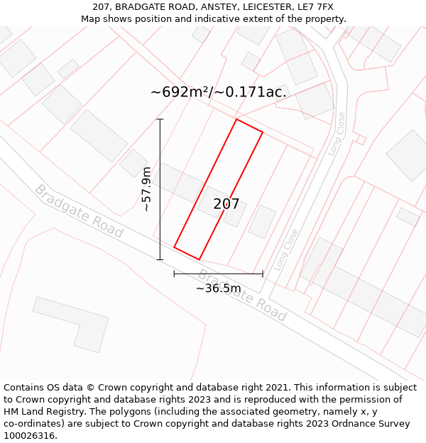 207, BRADGATE ROAD, ANSTEY, LEICESTER, LE7 7FX: Plot and title map